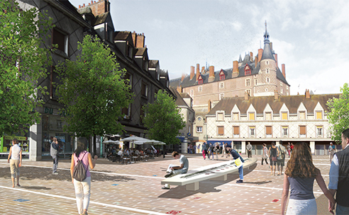 Pavés de grès au pied du château d’Anne de Beaujeu, place du Maréchal-Leclerc Image © Babylone Paysagistes